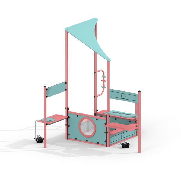 Colorful playground structure Pluto with climbing elements and a small slide.