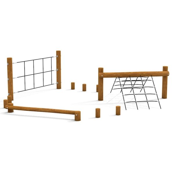 Outdoor playground climbing structure Katla with nets and wooden frames.