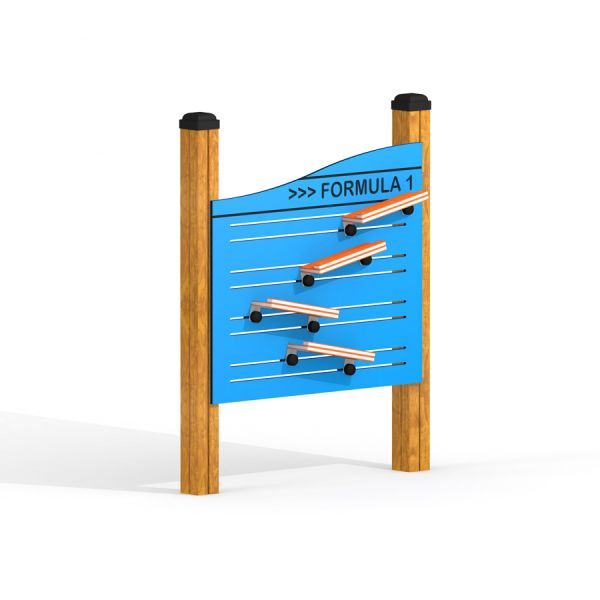 Interactive Race Track Board for children with wooden support posts.