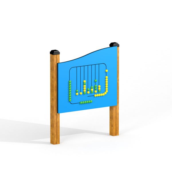 Bingo Board with yellow and green beads on a blue background and wooden frame