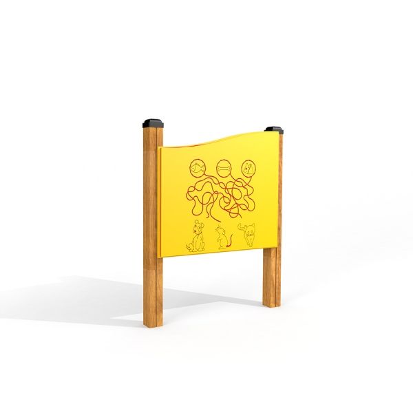 Educational wooden play panel Find the Way Board with yellow surface and animal designs.