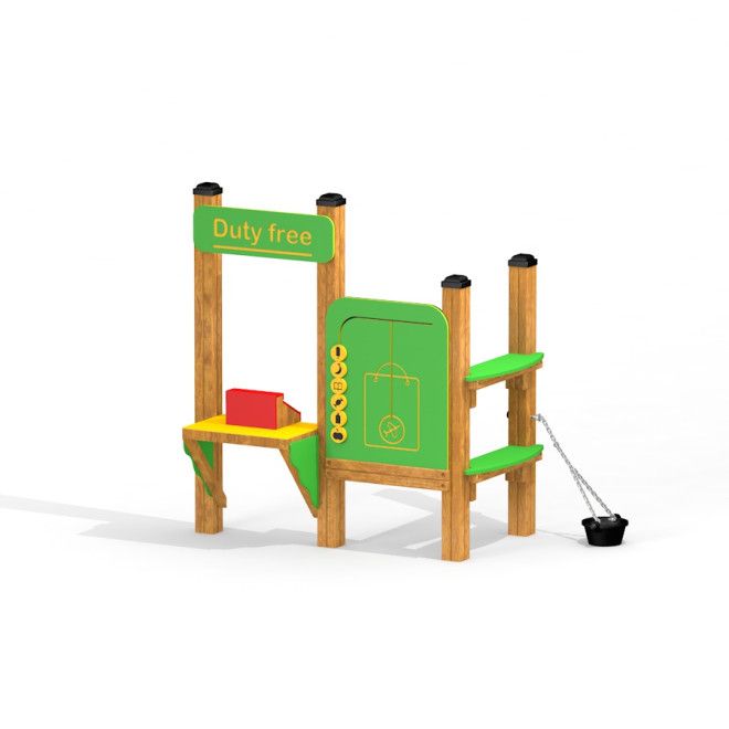 Children's playground structure with Duty free shop theme.