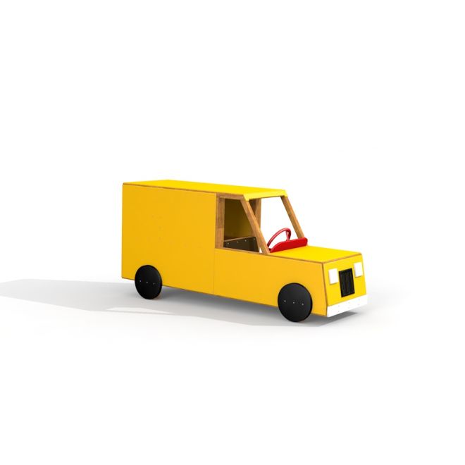 Yellow wooden toy Van with black wheels and red steering wheel.
