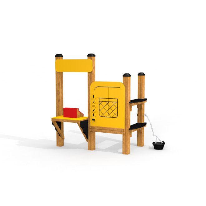 Children's play structure Stall with yellow panels and wooden frame.