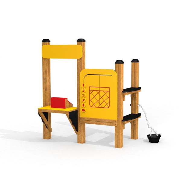 Children's play structure Stall with yellow panels and wooden frame.