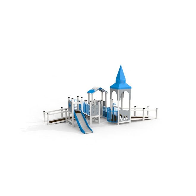 Winter Residence playground structure with slide and climbing elements in blue and white colors.
