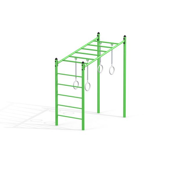 Green Monkey Bar playground equipment with gym rings.