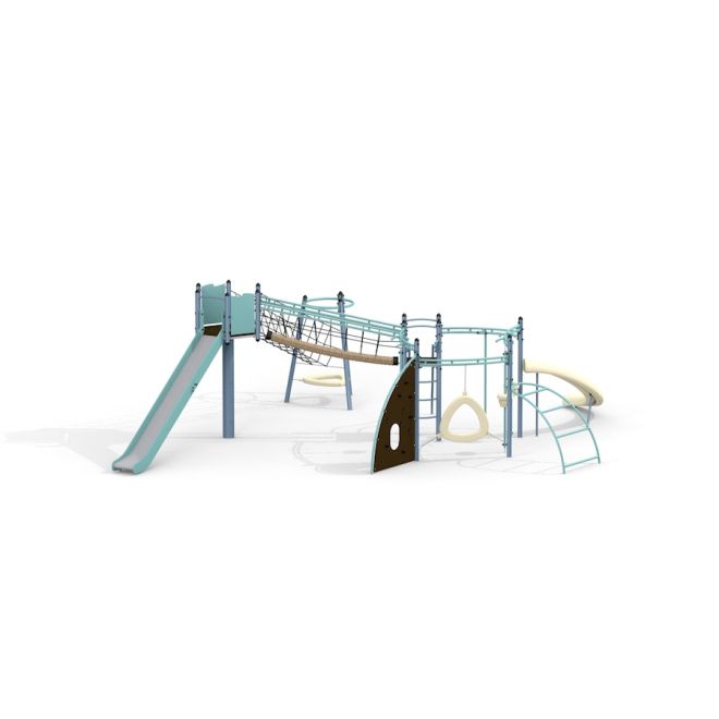 Modern playground structure with a slide and climbing elements, Copernicus steel structure.