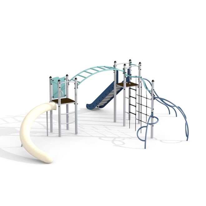 Playground equipment Orion steel structure with slide and climbing frames.