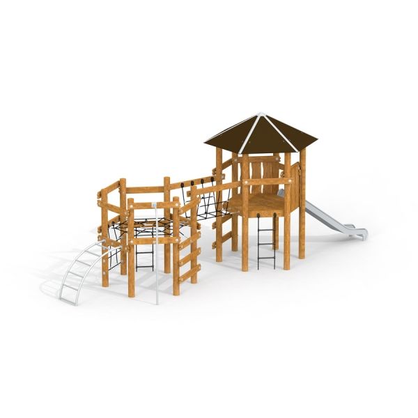 Wooden playground structure Meru with slide and climbing features.