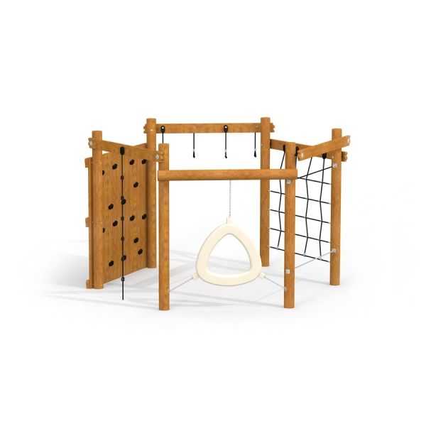 Sequoia wooden playhouse with climbing nets and walls.