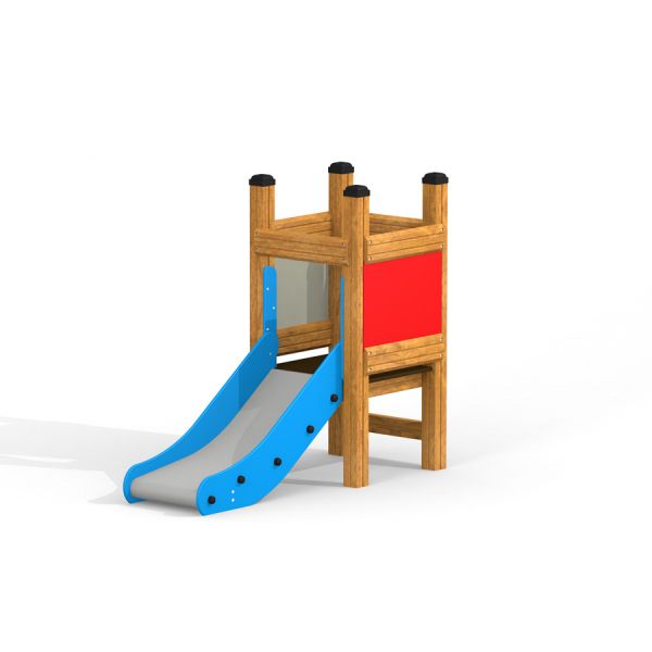 Wooden Toddler Tower Slide with blue plastic slide and red panel.