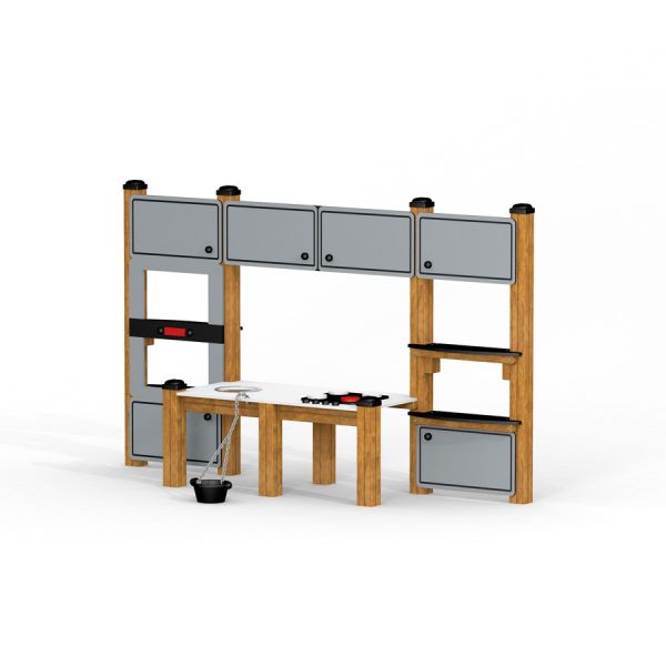 Children's play kitchen set with wooden frame and grey cabinets