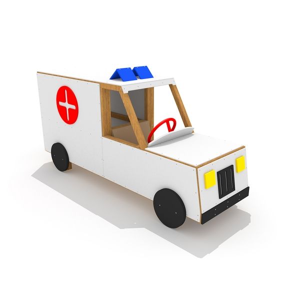 Wooden toy Ambulance with red cross and blue lights.