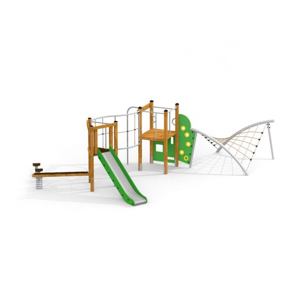 Playground set with slide, climbing net, and balance spring, Inca model.