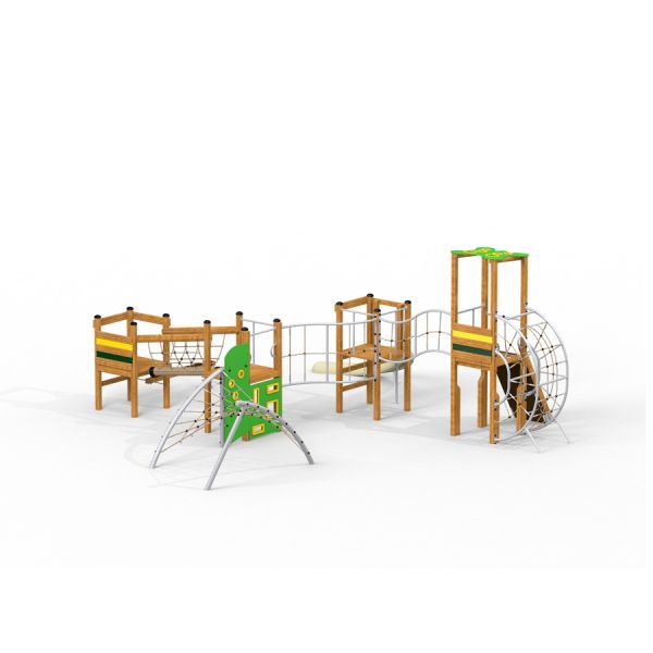 El Dorado wooden playhouse with climbing structures and nets for children.