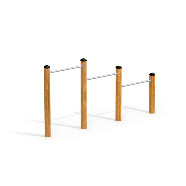 Outdoor fitness equipment Somersault Triple with wooden posts and metal bars.