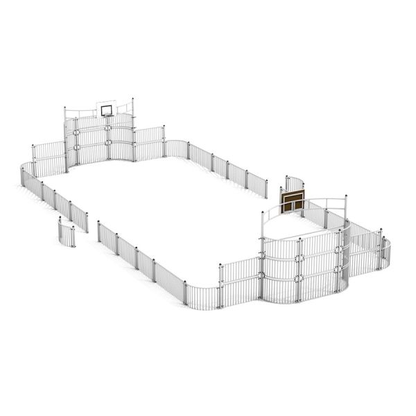 Alt text: Sport Arena 9x18 m metal fence sports field with basketball hoop and goals