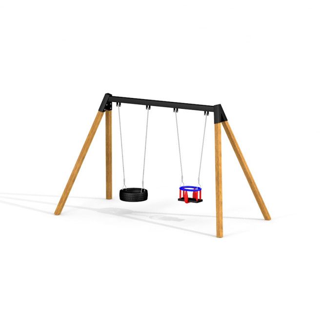 Double Swing with wooden frame, basket seat, and tire swing.