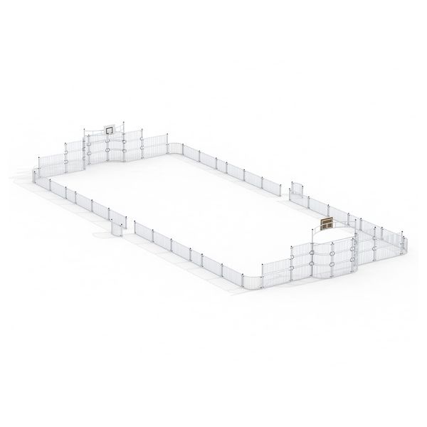 Sport Arena 14x31 m enclosed play area with basketball hoops and goals.