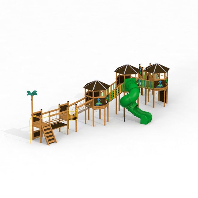 Jungle Village castle with slide wooden playground structure with green spiral slide