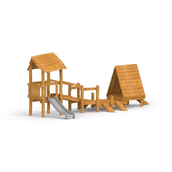 Galapagos wooden playhouse with slide for children.