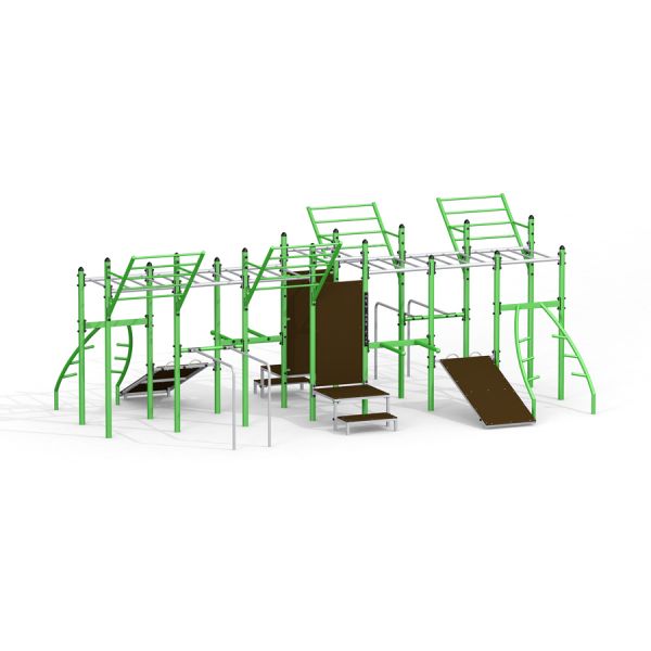 Grandis Training Set outdoor fitness equipment with green and brown climbing bars and platforms.