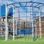 Playground with blue and white climbing net and large slide - Ursa Maior castle with slide, climbing