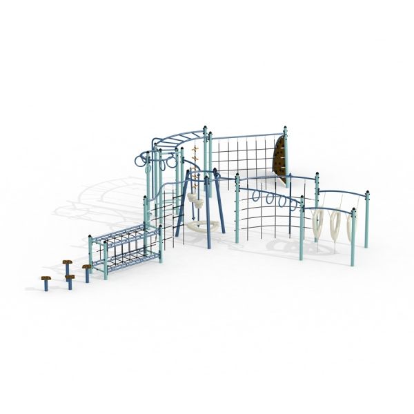 Polaris climbing net play structure with various climbing elements and nets for children.