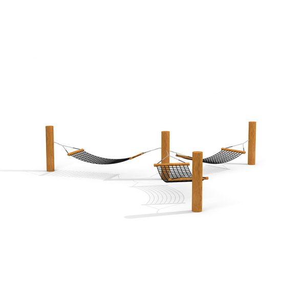 Triple Hammock with wooden posts and black netting.