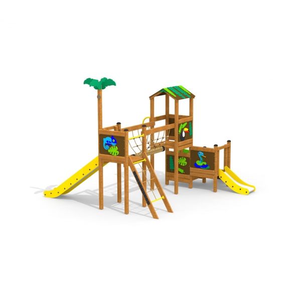 Children's playground structure Jungle Bridge with wooden towers and slides.