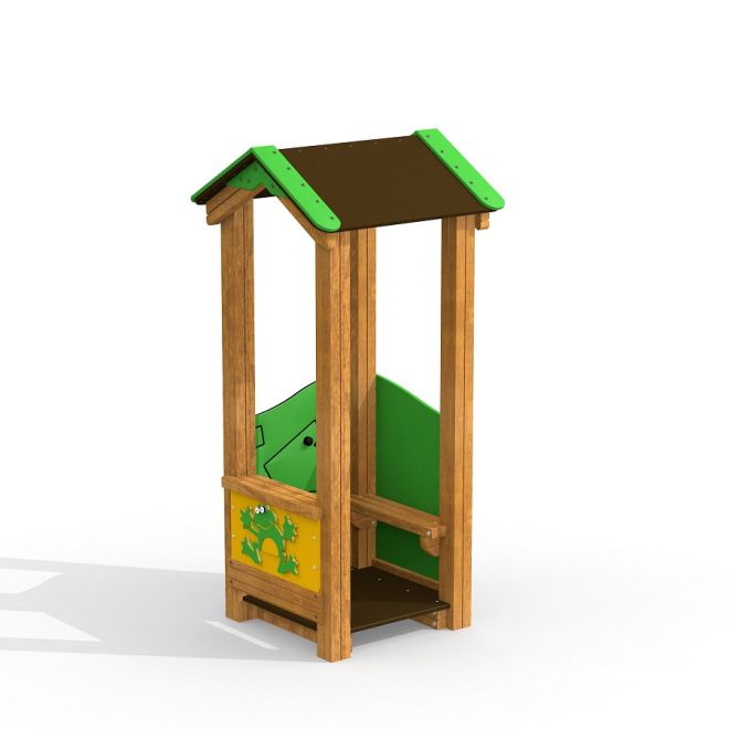 Frog Playhouse wooden play structure with frog graphics on the side.
