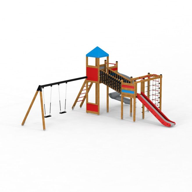 Twister w/ swing playground equipment with slide, climbing net, and two swings