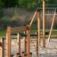 Trim trail wooden playground obstacle course with climbing posts and ropes on sandy ground.
