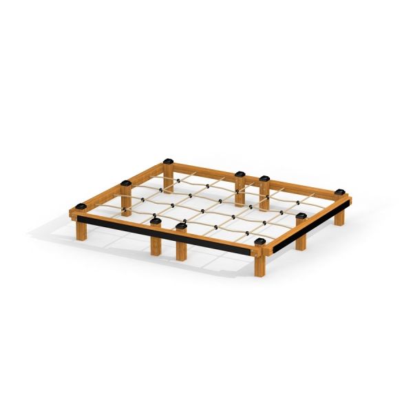 Military Net playground equipment with wooden frame and rope net for climbing.