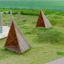 Tipi Nature wooden house play structures on grassy playground area