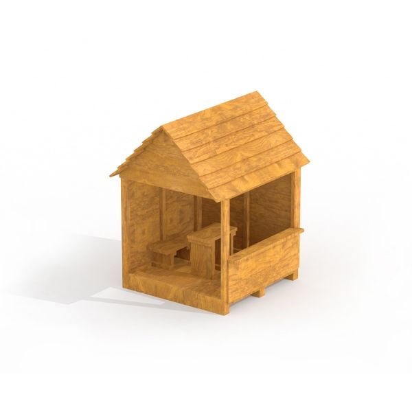 Wooden house with table and stool.