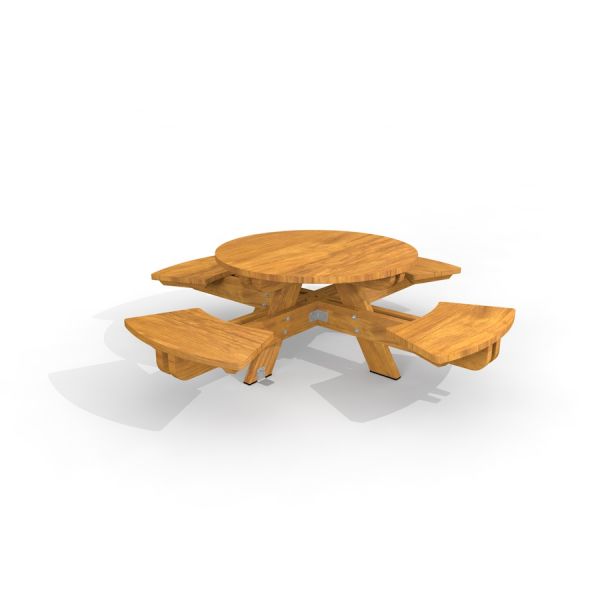 Round table with attached benches made of wood.