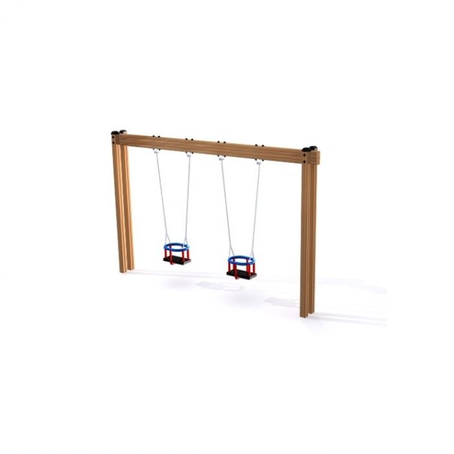 Wooden Baby double swing with safety seats hanging from a sturdy wooden frame.