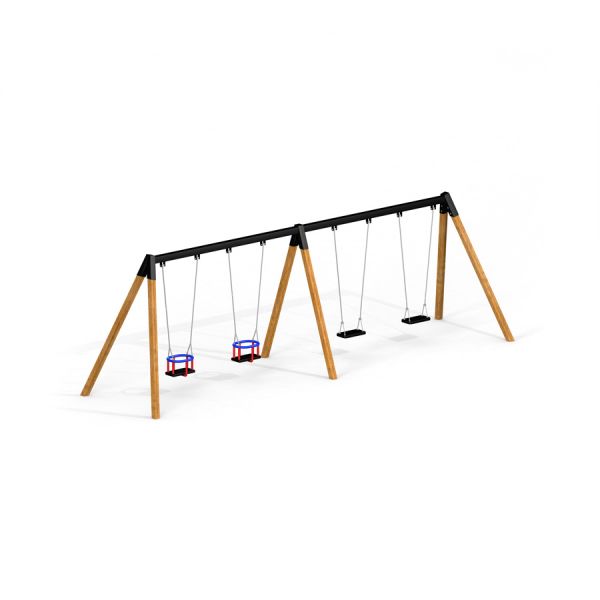 2+2 multiple swing set with wooden frames and four swings, including two baby swings.
