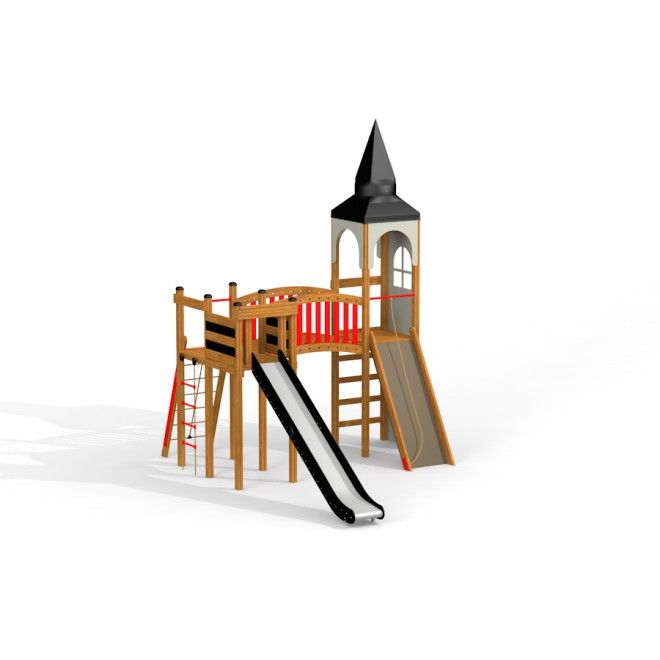 Wooden Alcazar w/slide castle playground equipment with two slides and climbing elements