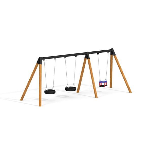 1+2 multiple swing with wooden frame and three seats including a baby seat