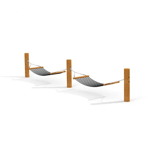 Double Hammock with wooden posts and black netting.