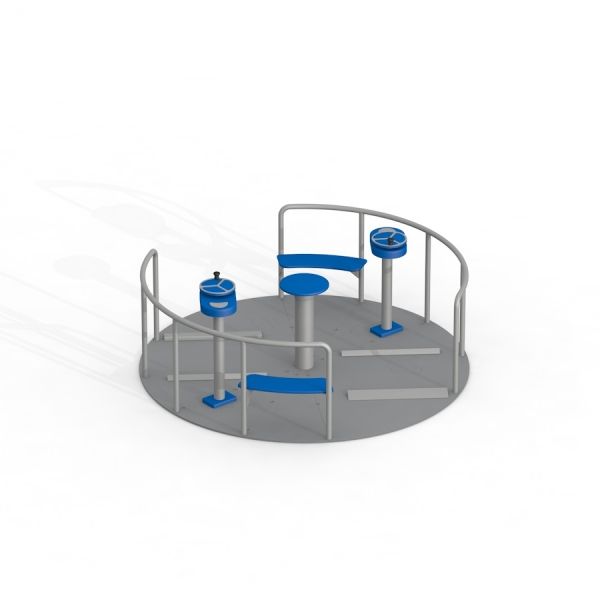 Wheelchair Accessible Merry-go-round for 2 people with blue seats and gray structure.