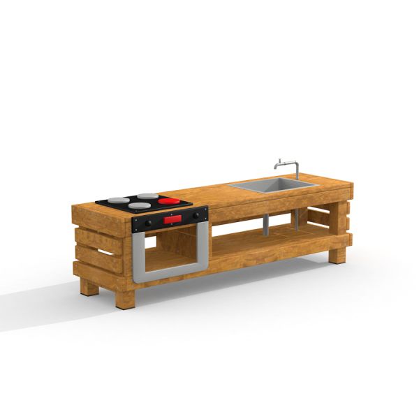 Wooden Kitchen Table with Stove and Sink.