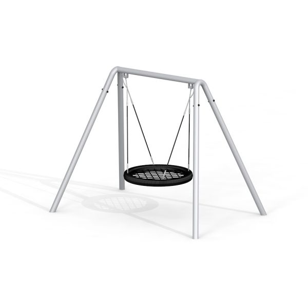 Silver Single Swing (BNS 120) with a round black seat and grey metal frame.
