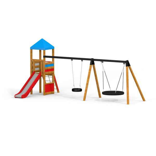 Bird Nest Swing with Tower (BNS 120 cm) single slide in a playground.