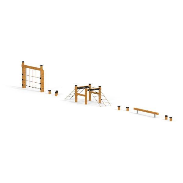 Outdoor Obstacle Course for kids with climbing net and balance beam.