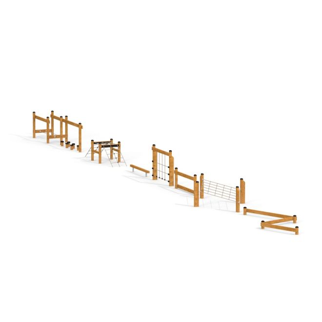 Trim Trail Line wooden outdoor playground equipment with various obstacles.