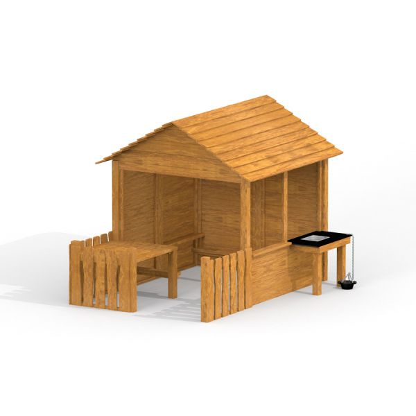 Wooden Garden Playhouse with fencing structure and a small outside table.